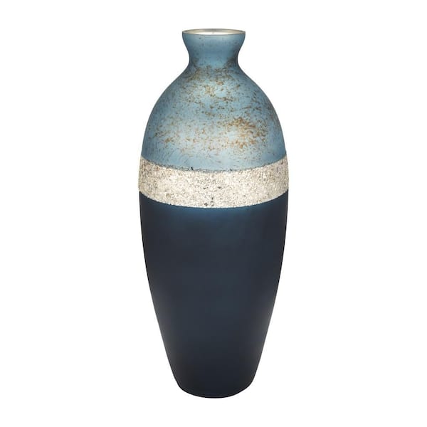 Liv & Skye 18 in. Blue Glass Cylinder Three Tone Glittered Decorative Vase