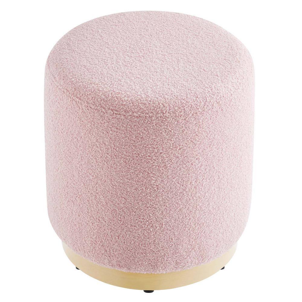 Blossom Pink Sherpa Upholstered Round Ottoman with Rubberwood Base