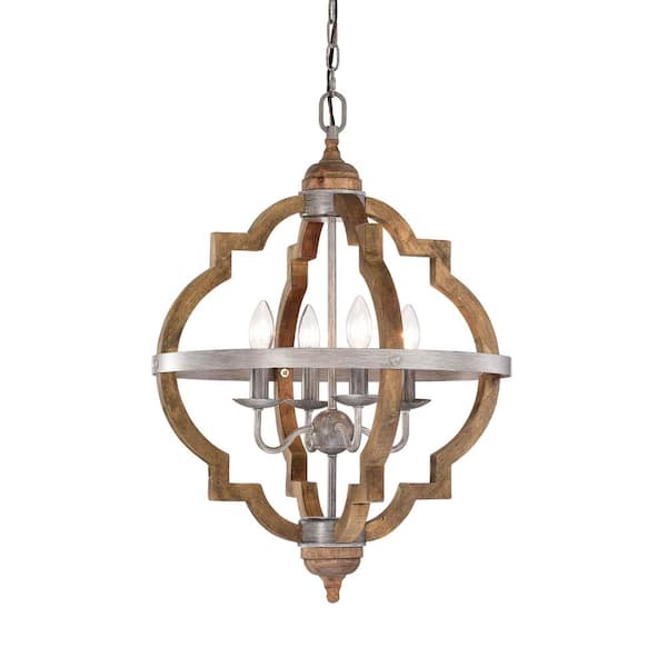4-Light Wood Cage with Antique Sliver Belt Chandelier Ceiling Fixture