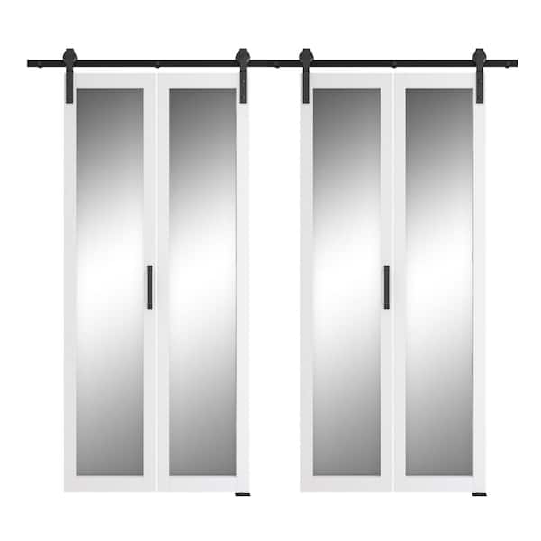 TENONER 72 in. x 84 in .(36''x 2)1-Lite Mirrored Glass Bi-Fold White MDF Solid Core Sliding Barn Door with Hardware Kits .