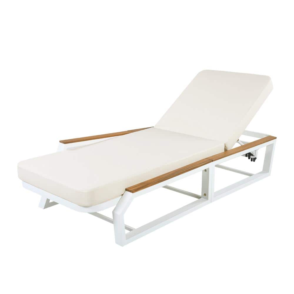 Outdoor Patio Reclining Sun Lounger with Cream Cushion,Teak Wood Armrests and White Iron Frame price history on PriceWatchPro