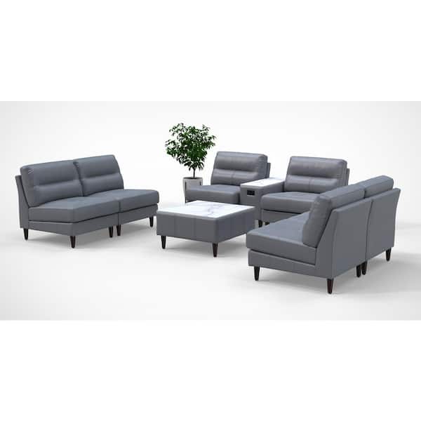 Leather Cushioned High-Back Ergonomic Lobby Armless Chairs in Gray with Integrated Charging Table for 6 persons