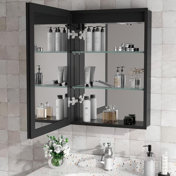 Flora 16 in. W x 24 in. H Rectangular Aluminum Recessed Medicine Cabinet with Mirror and Light, Dimmable, Left Hinge