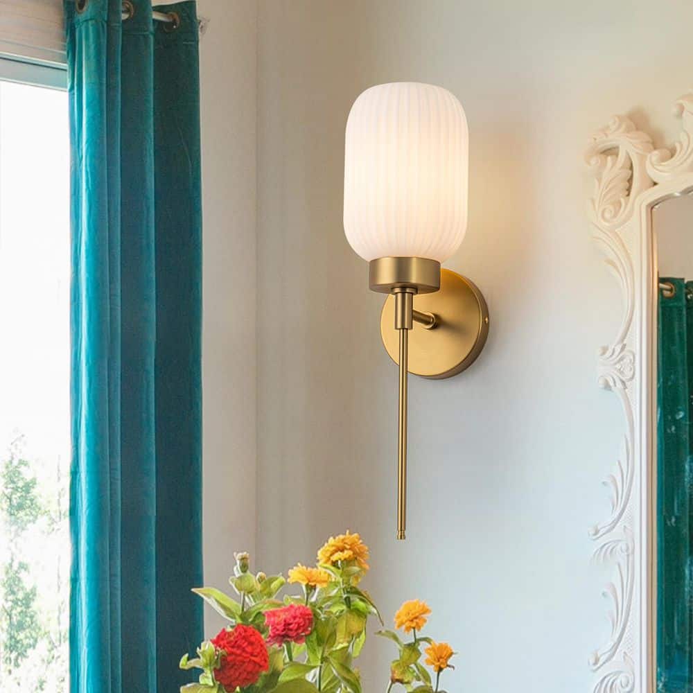 Velo 4.7 in. 1-Light Gold Wall Sconce with White Ribble Glass price history on PriceWatchPro
