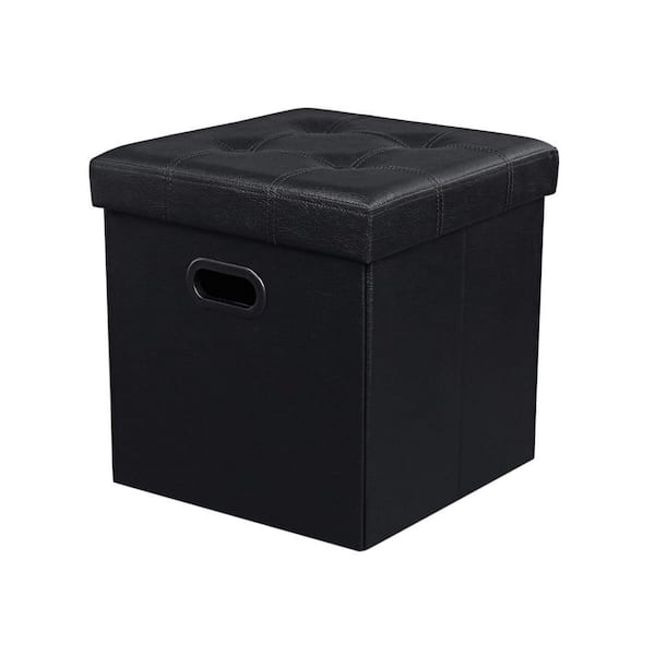 Benjara 15 In. Digi Black Faux Leather Fabric Square Folding Storage Ottoman
