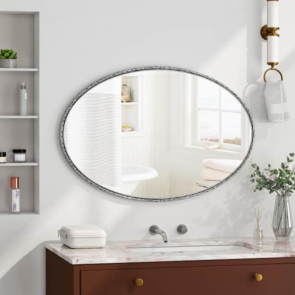Silver 25.60 in. W x 39.37 in. H Classic Oval Metal Iron Framed Wall Mirror