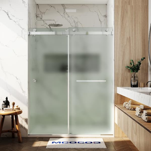 MCOCOD 56-61 in. W x 76 in. H Double Sliding Frameless Smooth Sliding Shower Door in Brushed Nickel with 3/8 in. Frosted Glass