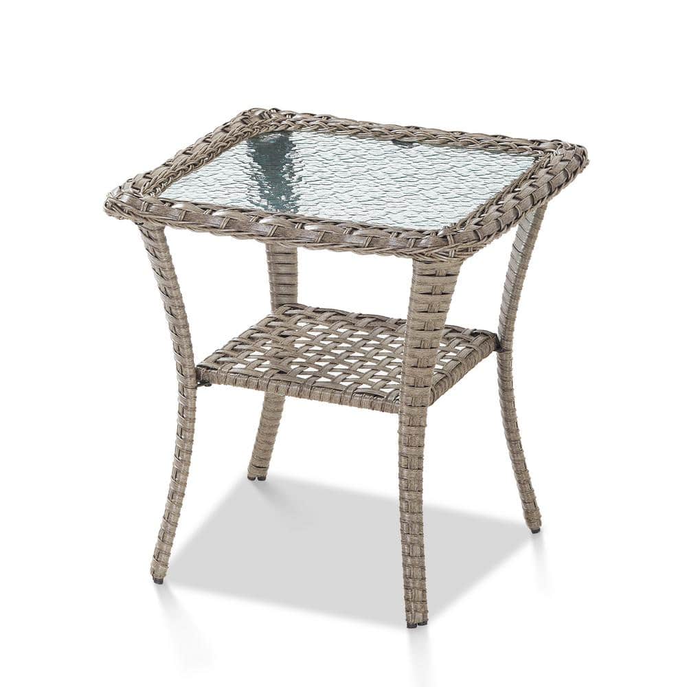 Carlos Gray Steel and Wicker Outdoor End Table with Glass Top