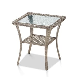 Carlos Gray PE Wicker Outdoor Side Table, Square Patio Coffee Table With Glass Top