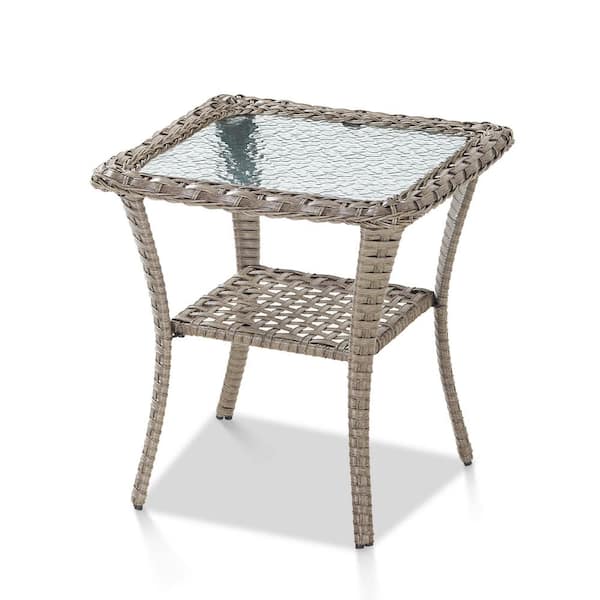 Gymojoy Carlos Gray PE Wicker Outdoor Side Table, Square Patio Coffee Table With Glass Top