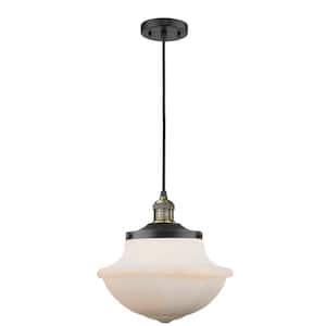 Oxford 1-Light Black Antique Brass Shaded Pendant Light with Matte White Glass Shade