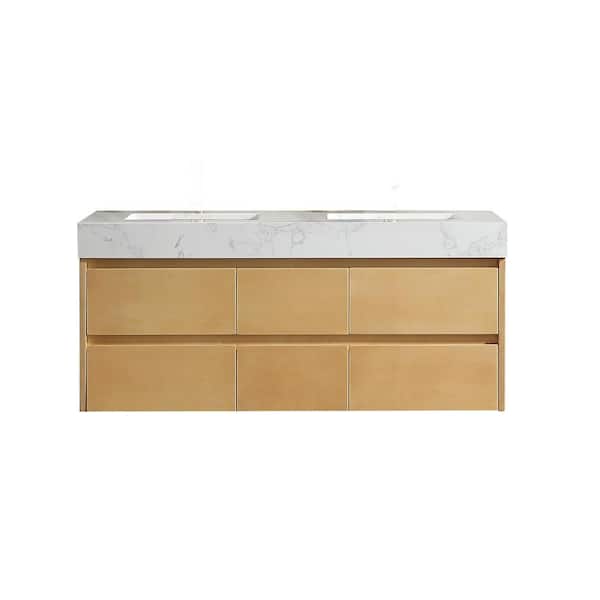 JimsMaison 48 in. W x 21 in. D x 21 in. H Double Sink Wall-Mounted Bath Vanity in Maple with White Engineered Stone Top