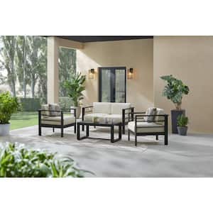 Kentwell Black 4-Piece Aluminum Outdoor Patio Deep Seating Set with Acrylic Driftwood Cushions