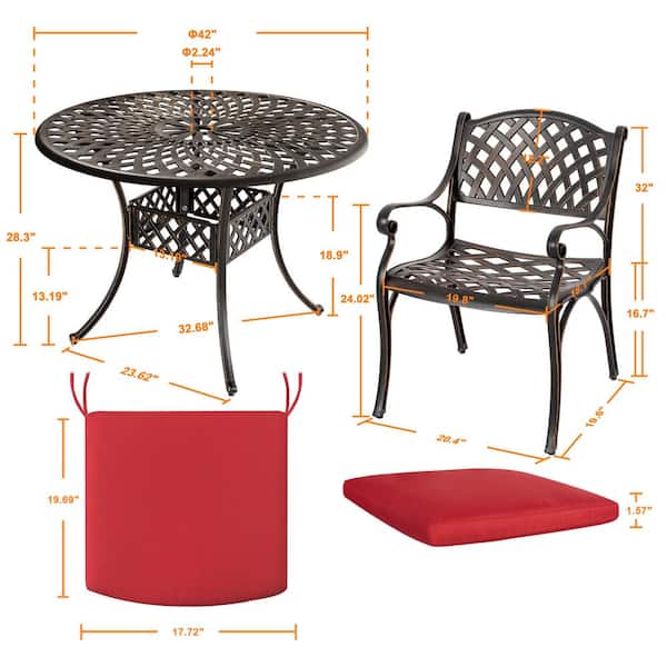 Black with Gold-Painted Edges 5-Piece Cast Aluminum Outdoor Dining Set, 4 Patio Chairs with Red Cushions
