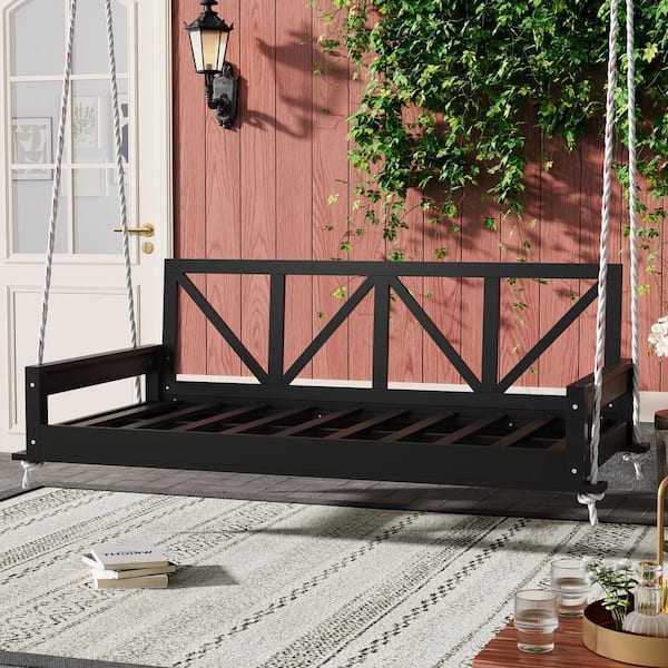 Black 85.4 in. W Acacia Wood Twin Size Porch Swing Bed with 16. 4 ft. Hemp Ropes