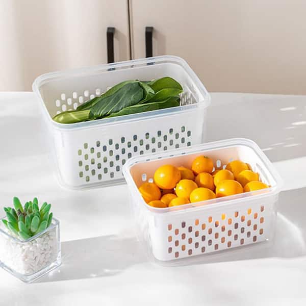 2 Pack Removable Basket Fridge Produce Storage Container Set with Colander for Fruits Vegetables Keep Fresh