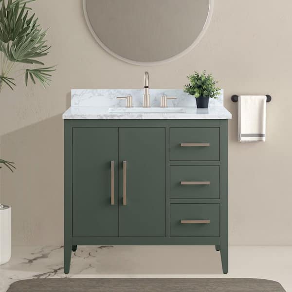 36 in. W x 22 in. D x 34 in. H Single Sink Bathroom Vanity Cabinet in Vintage Green with Engineered Marble Top in White