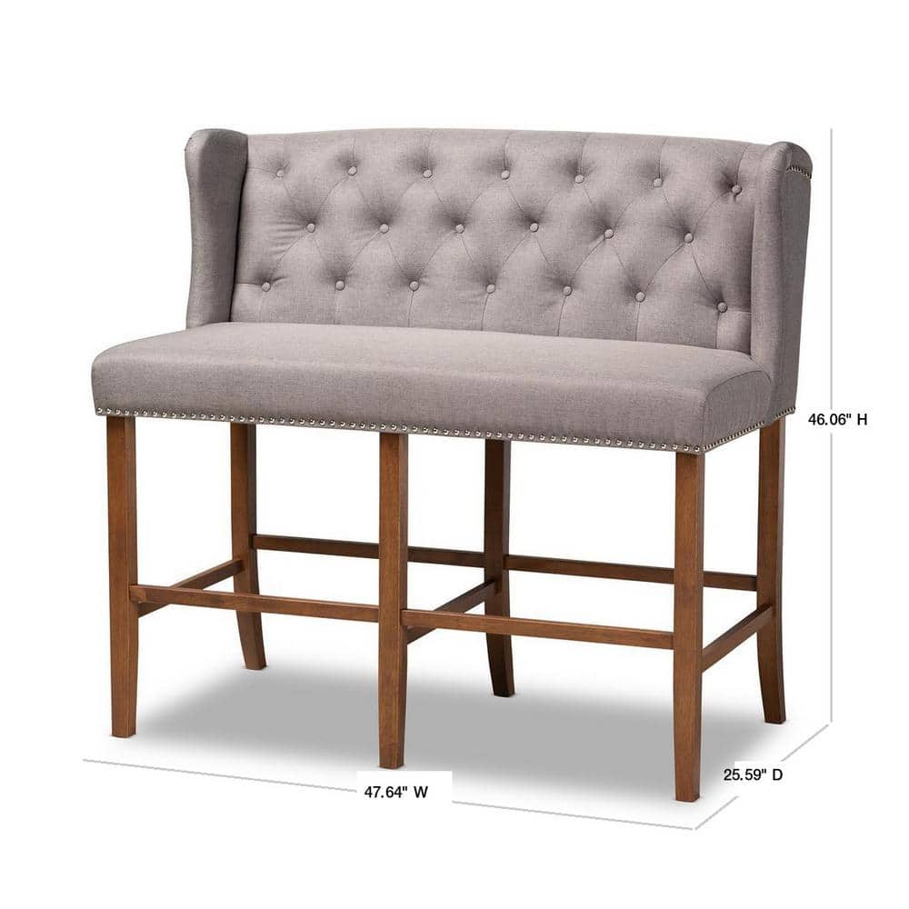 Gray Fabric Upholstered Walnut Wood Button Tufted Bar Stool Bench