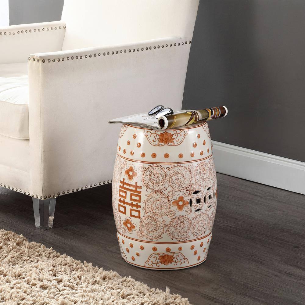 18" Orange and White Ceramic Chinoiserie Drum Garden Stool