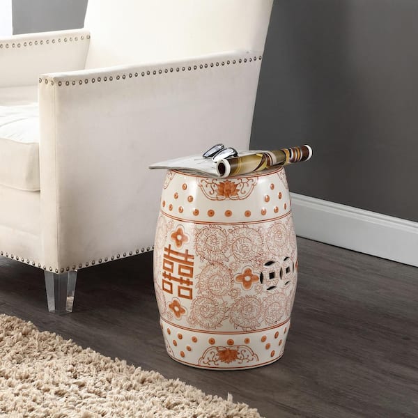 Double Happiness 18 in. Chinoiserie Ceramic Drum Garden Stool, Orange/White