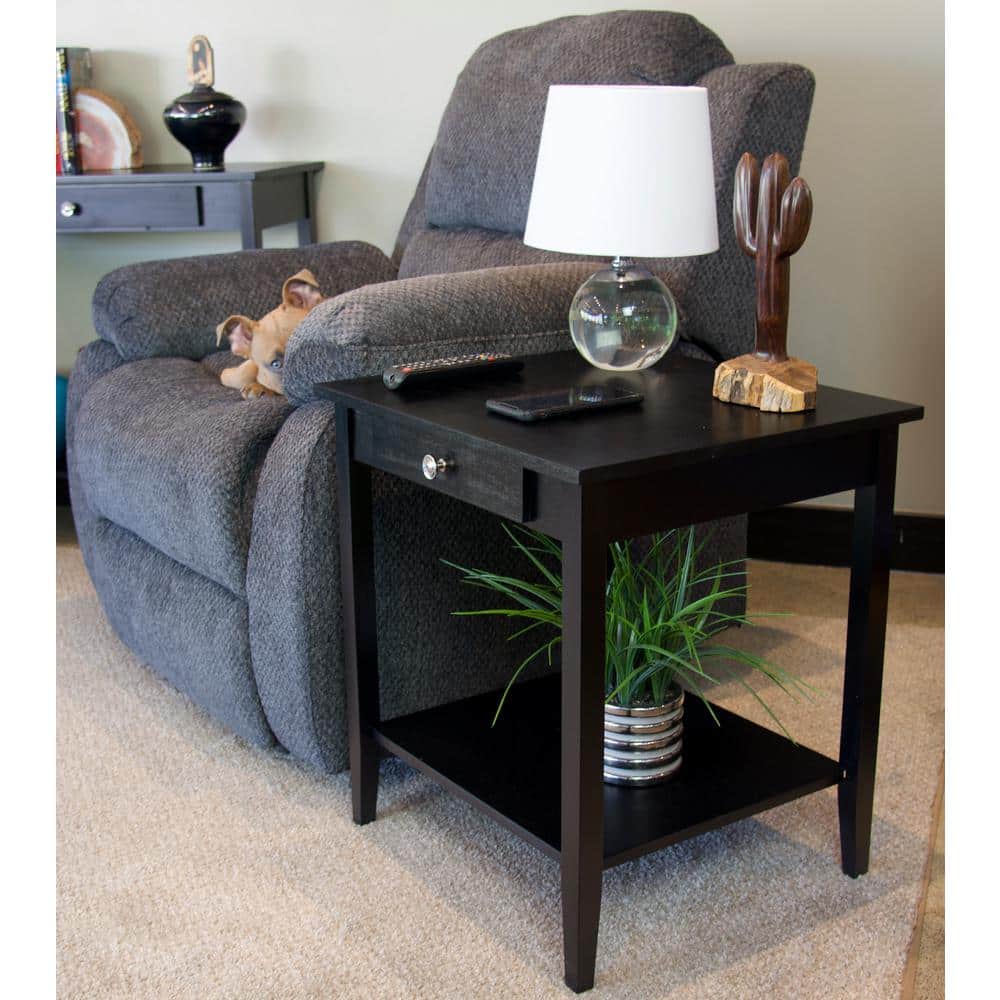 Black Solid Acacia Wood End Table with Drawer and Shelf