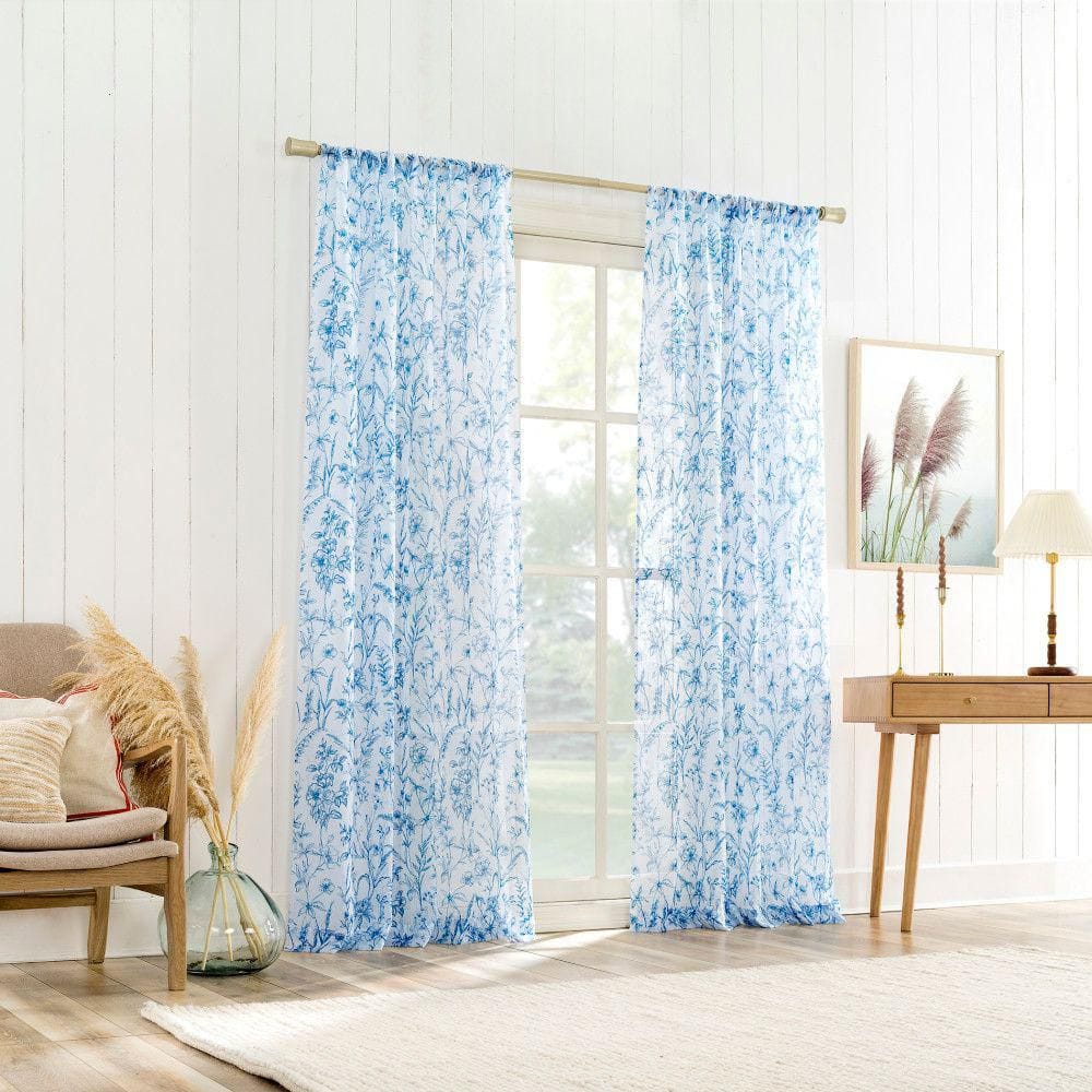 Chinoiserie Blue Sheer Floral Rod Pocket Curtain Panel