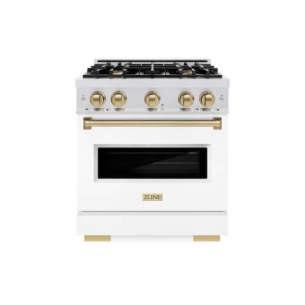 ZLINE Kitchen and Bath Autograph 30 in. Classic Dual Fuel Range with 4 Burners and Electric Oven in Satin Steel with White and Bronze Accents