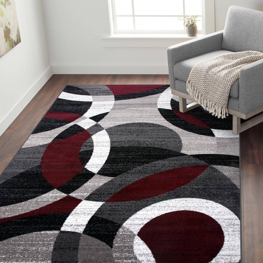 Red and Gray Geometric Circles 6' x 9' Synthetic Area Rug