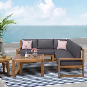 3-Piece L Shape Patio Furniture Set Wood Outdoor Sectional Set with Grey Cushions