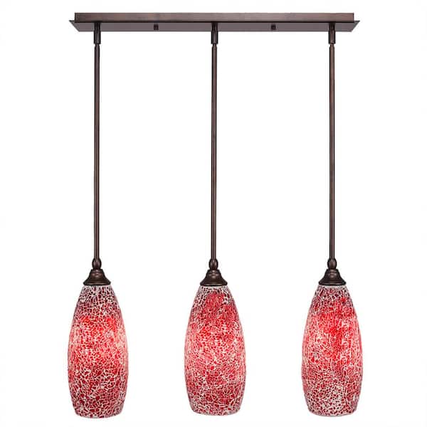 Unbranded Livingston 100-Watt 3 Light Bronze, Linear Pendant Light with 5.5 in. Red Fusion Glass Shades No Bulbs Included