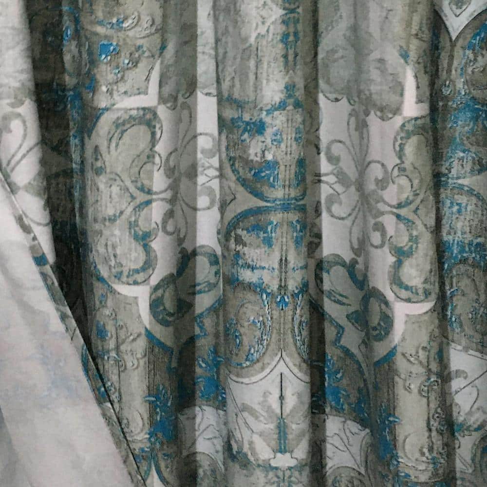 Blue Geometric Tile Design Cotton Shower Curtain with Liner