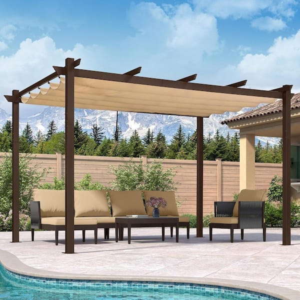 PURPLE LEAF 10 ft. x 13 ft. Beige Metal Outdoor Retractable Pergola ...