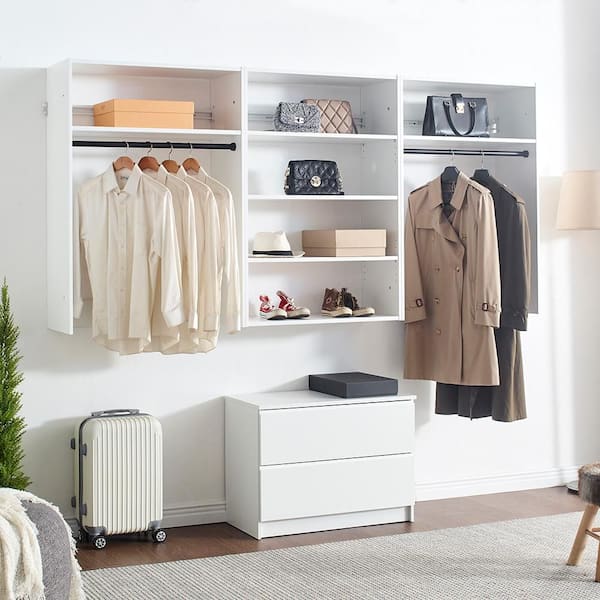 Devi Series 31.5-94. 5in. W White Wall Mount Hanging Rods, Adjustable-Shelves & Drawer Unit 6-Shelf Wood Closet System