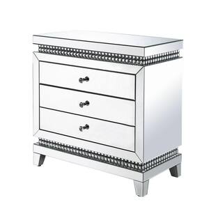 3-Drawer Silver Mirrored Chest with Faux Crystal Inlays 32 in. L x 16 in. W x 32 in. H