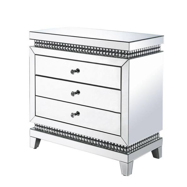 Benjara 3-Drawer Silver Mirrored Chest with Faux Crystal Inlays 32 in. L x 16 in. W x 32 in. H