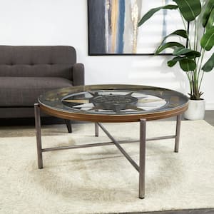 43 in. Silver Medium Round Glass Compass Inspired Coffee Table with Gear Details
