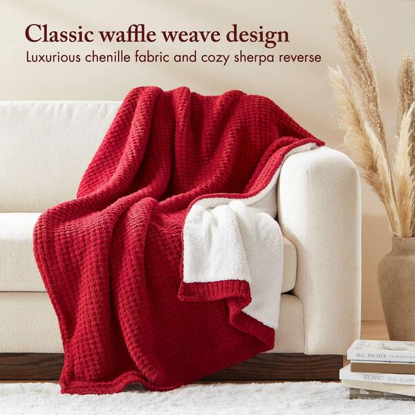 Madison Park Eden Red Polyester Waffle Knit Chenille Throw Blanket
