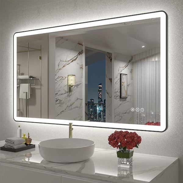 Apmir 40 in. W x 24 in. H Rectangular Framed Front and Back LED Lighted Anti-Fog Wall Bathroom Vanity Mirror in Tempered Glass