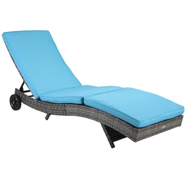 Gray Wicker Outdoor Chaise Lounge with Blue Cushion, 5-Level Adjustable Backrest and Wheels