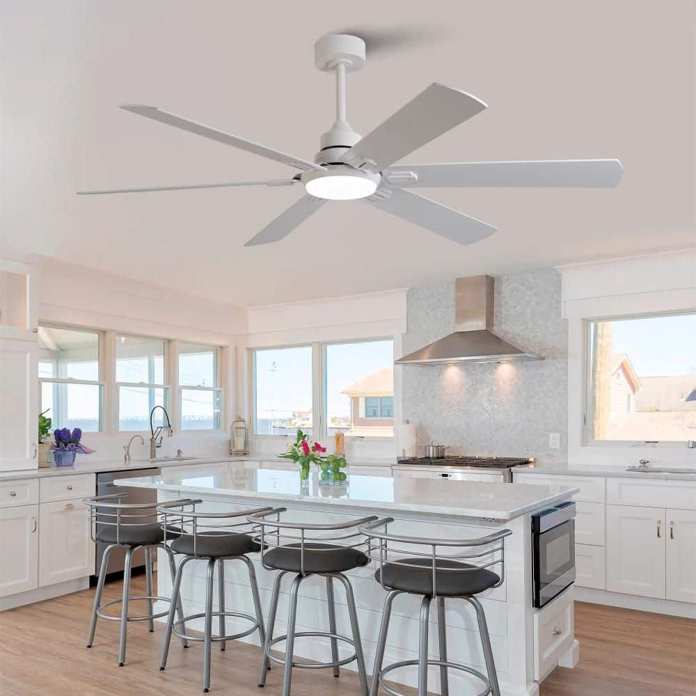 60 in. White Wood Downrod Mount Indoor/Outdoor Ceiling Fan with Light, 6 Blades, Dimmable LED for Large Spaces price history on PriceWatchPro