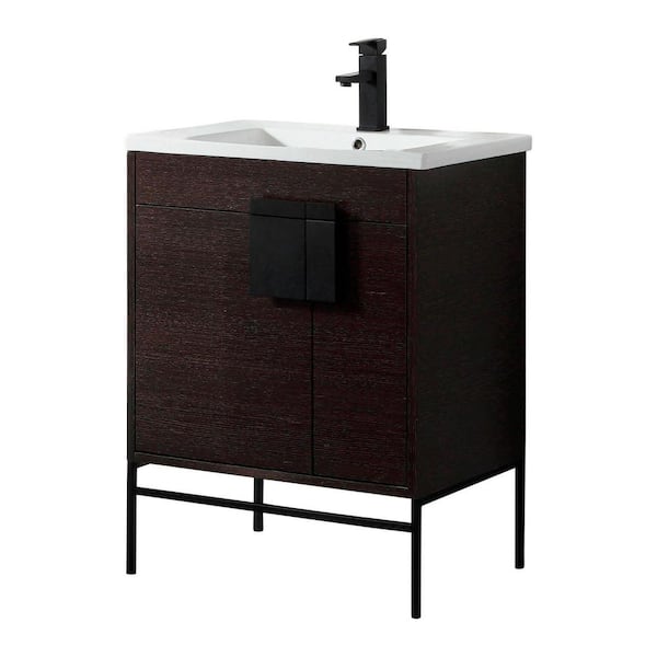 FINE FIXTURES Shawbridge 30 in. W x 18.11 in. D x 33.5 in. H Bath Vanity in Black Oak Straight Grain with Ceramic Vanity Top in White