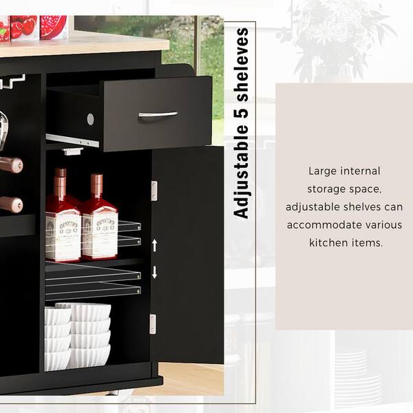Multipurpose Kitchen Cart Cabinet with Side Storage Shelves,Rubber Wood  Top, Adjustable Storage Shelves, 5 Wheels, Kitchen Storage Island with Wine