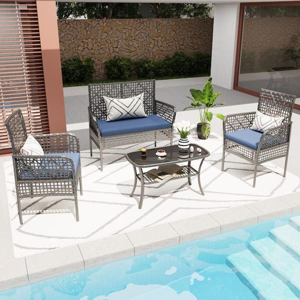 cenadinz Black 4-Piece Wicker Patio Conversation Set with Blue Cushion with Tempered Glass Table