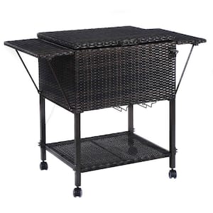 Portable Rattan Cooler Cart Trolley Outdoor Patio Ice Drink Serving Cart
