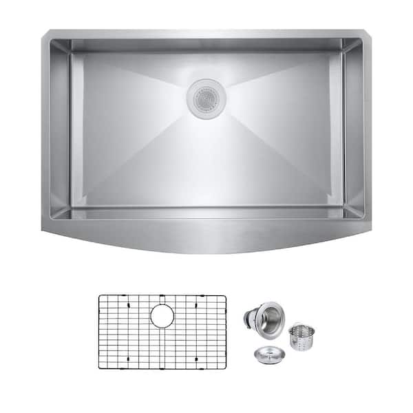 PELHAM & WHITE Bryn 16-Gauge Stainless Steel 33 in. Single Bowl Farmhouse Apron Kitchen Sink with Bottom Grid and Drain