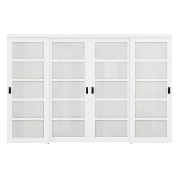 120 in. x 80 in. 5-Lite Tempered Frosted Glass Primed White Glass Interior Closet Sliding Door Black Handles Hardware