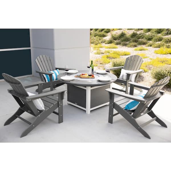 LuXeo Vail 48 in. Two-Toned Gray Round Top Fire Pit, 5-Piece Plastic Patio Conversation Set with Gray Hampton Chairs