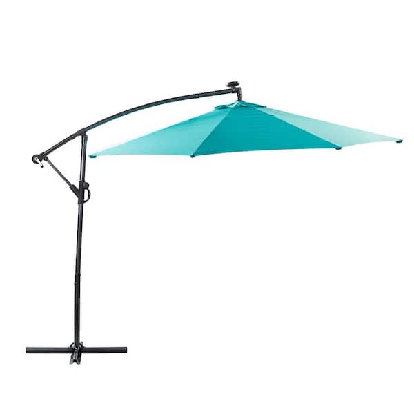Unbranded 10 ft. Solar Light Cantilever Patio Umbrella in Teal with Cross Base