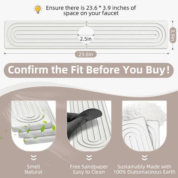 White Faucet Mat for Kitchen Sink, 0.3 in. H x 23.6 in. W x 3.9 in. D Quick Drying Splash Guard