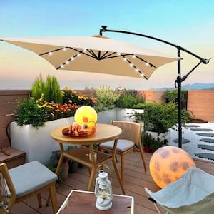 10 ft. Rectangular Steel LED Cantilever Patio Umbrella with Crank and Cross Base in Tan for Garden Deck Backyard
